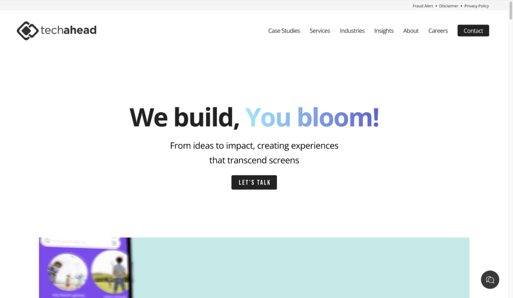Screenshot showcasing the TechAhead website - a professional Flutter app development company.